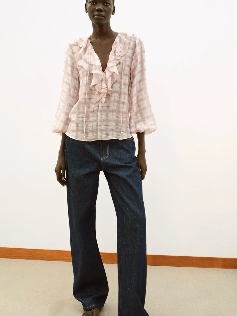 BNWT Zara Muted Pink Plaid Ruffle Blouse